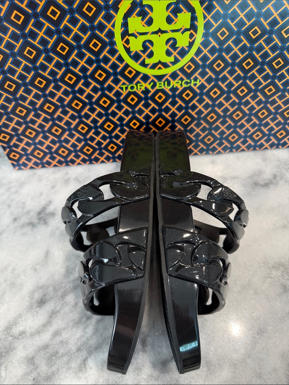 Tory Burch Black Chain-Link Slide Sandals - Picture 4 of 5